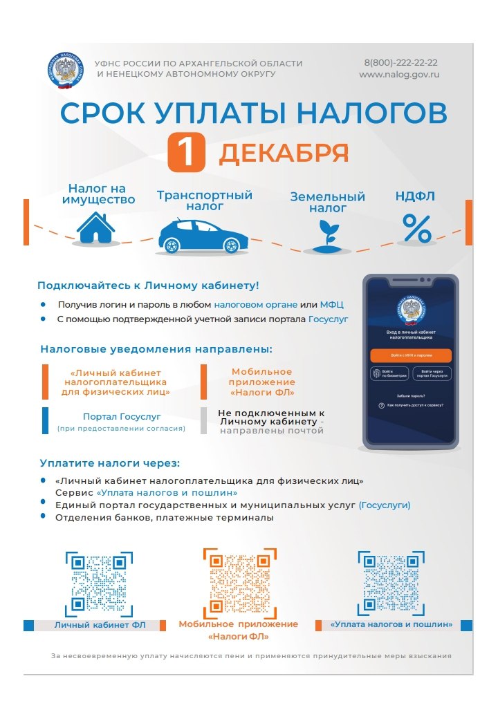 УФНС по Архангельской области и НАО напоминает: срок уплаты имущественных налогов за 2024 год – не позднее 1 декабря 2025 года!