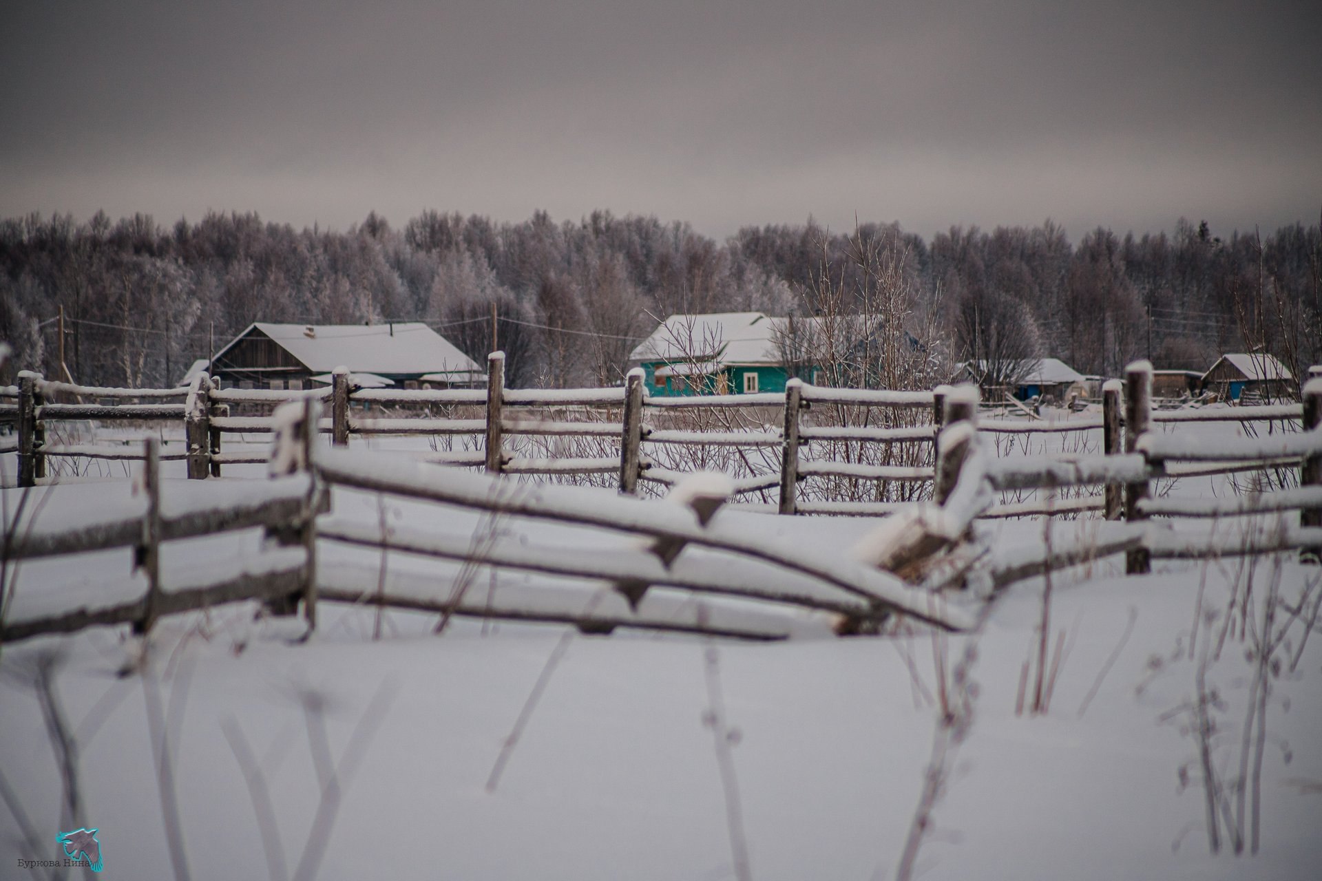 Деревенская зима — уютные домики под снежным покровом, заснеженные поля и морозное небо